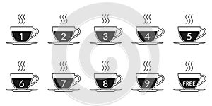 Coffee loyalty card concept with coffee cup icons. Buy 9 cups and get 1 for free. Cafe beverage promotion design template. Vector